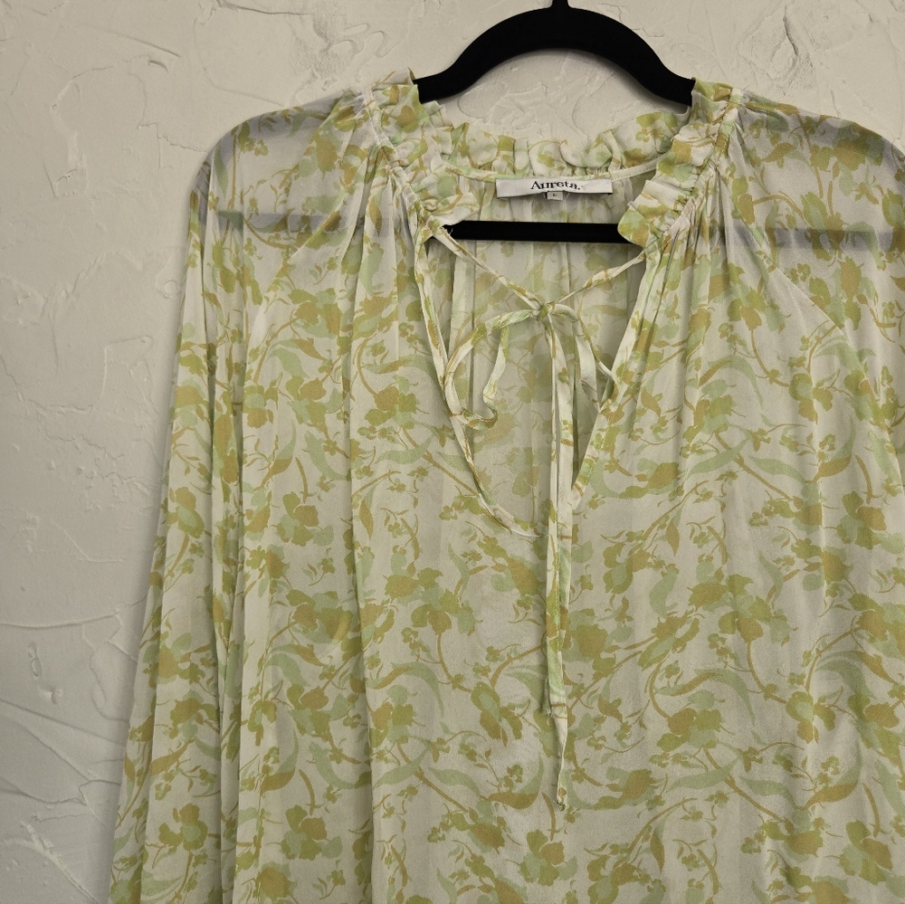 Anthro Aureta Floral Green Yellow White Flowy Top, L - Picture 4 of 12